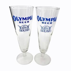 Pilsner Glasses Lot 2 Olympia Clear Beer Blue Letters Good Luck Tumwater 8.25 In